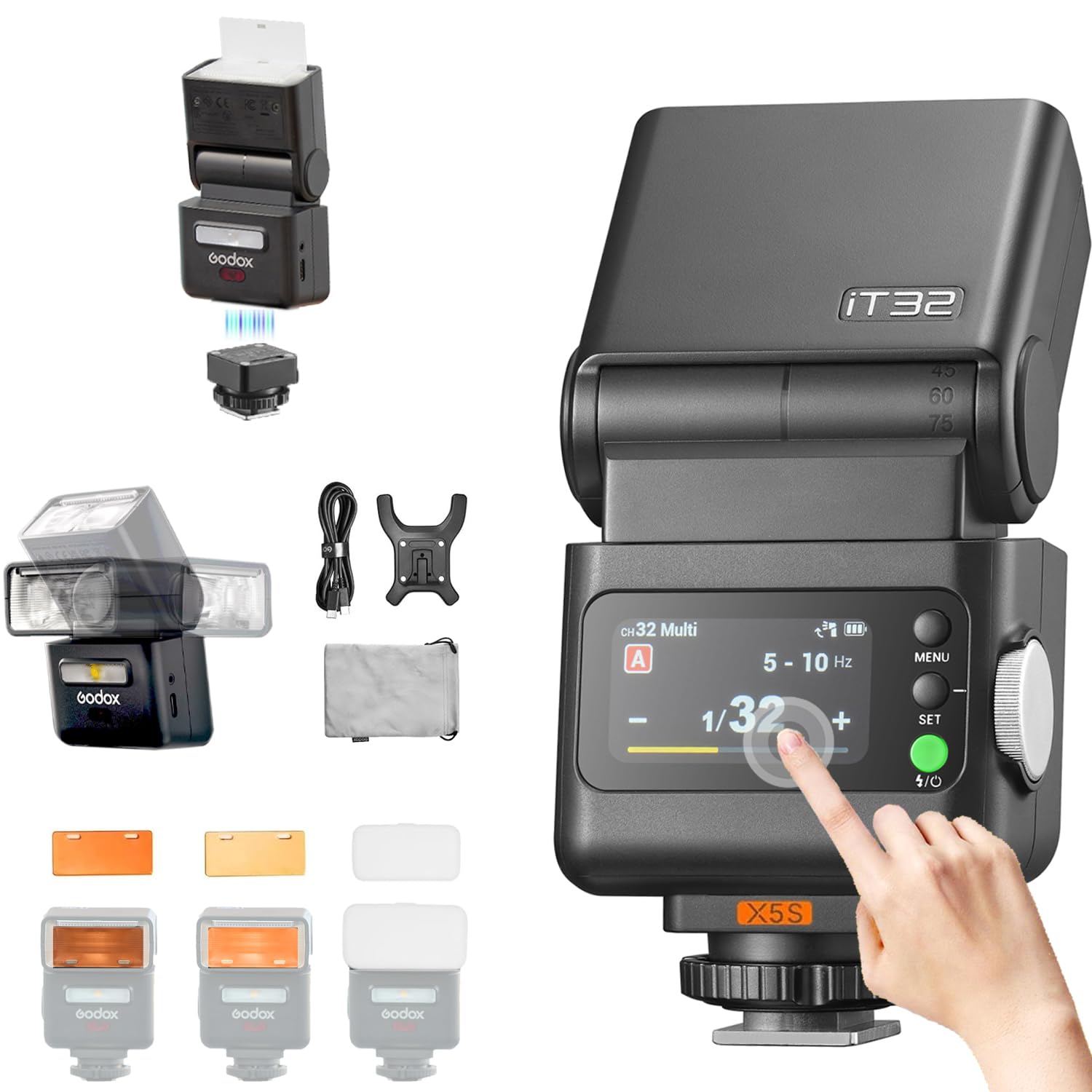 GODOX iT32 + X5S Trigger TTL Flash per Sony, Slitta flash Magnetica e Trigger in Uno, Testa Flash Orientabile, Touchscreen a Colori e Diffusore, Riflettore Integrato per Sony a7IV a6700 a6400 ZV-E10