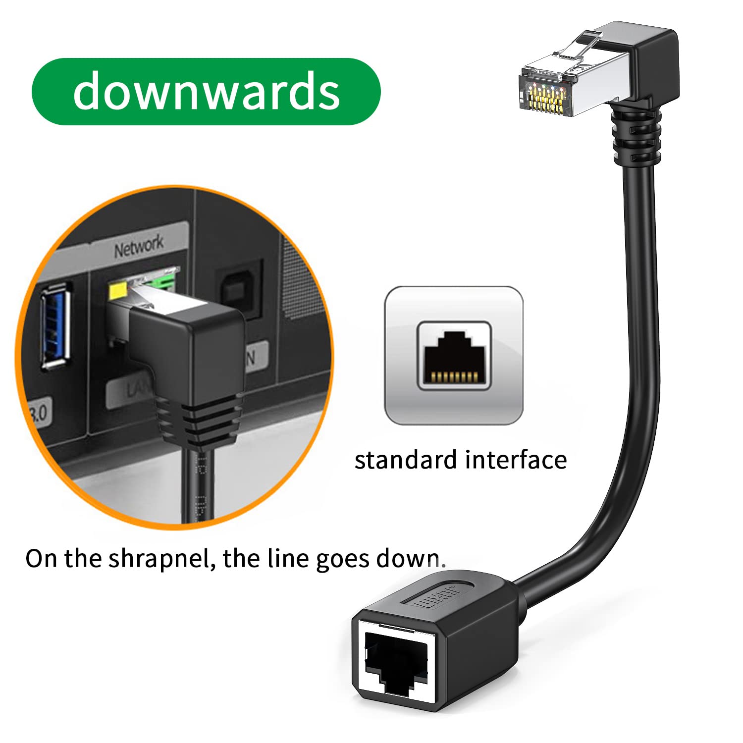 Lot de 2 câbles d'extension Cat6 à 90 degrés, rallonge Ethernet CAT 6 à angle droit RJ45 cordon de raccordement réseau mâle vers femelle à angle vers le bas