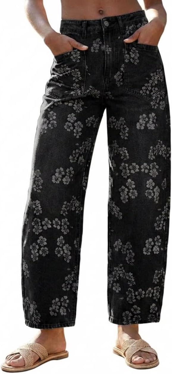 utcoco Women's Floral Print Barrel Jeans Y2k Baggy Wide Leg Mid Rise Cropped Denim Pants Relaxed Fit Trousers for Daily Wear