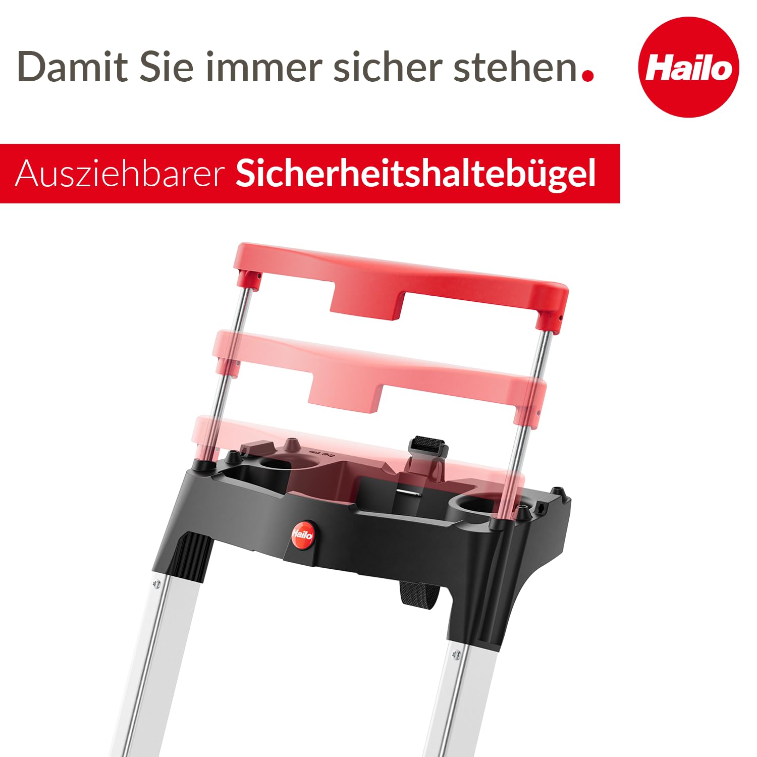 Hailo L85 ComfortLine Alu-Sicherheits-Stehleiter - 4 XXL-Stufen belastbar bis 150 kg - Tiefe Standfläche & Haltegriff - Stehleiter mit Ablage - Aluleiter Made in Germany - Leiter rostfrei - Silber