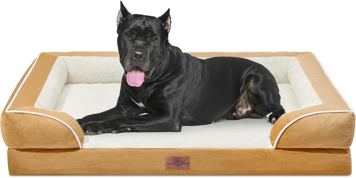 Comfort Expression XXL Orthopedic Dog Bed, Waterproof Dog Beds for Extra Large Dogs, Washable Pet Sofa Couch with Removable Cover & Non-Slip Bottom(XX-Large,Khaki) 53.0"L x 42.0"W x 8.5"Th Caramel
