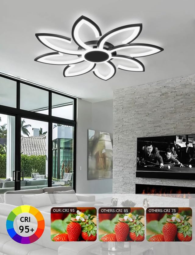 LJX 90cm Lámpara LED Techo Compatible con Alexa y Google Assistant Moderna Flor Inteligente Iluminación Luz y Mando a Distancia Negro Dimmable Temporizable para Dormitorio Salón