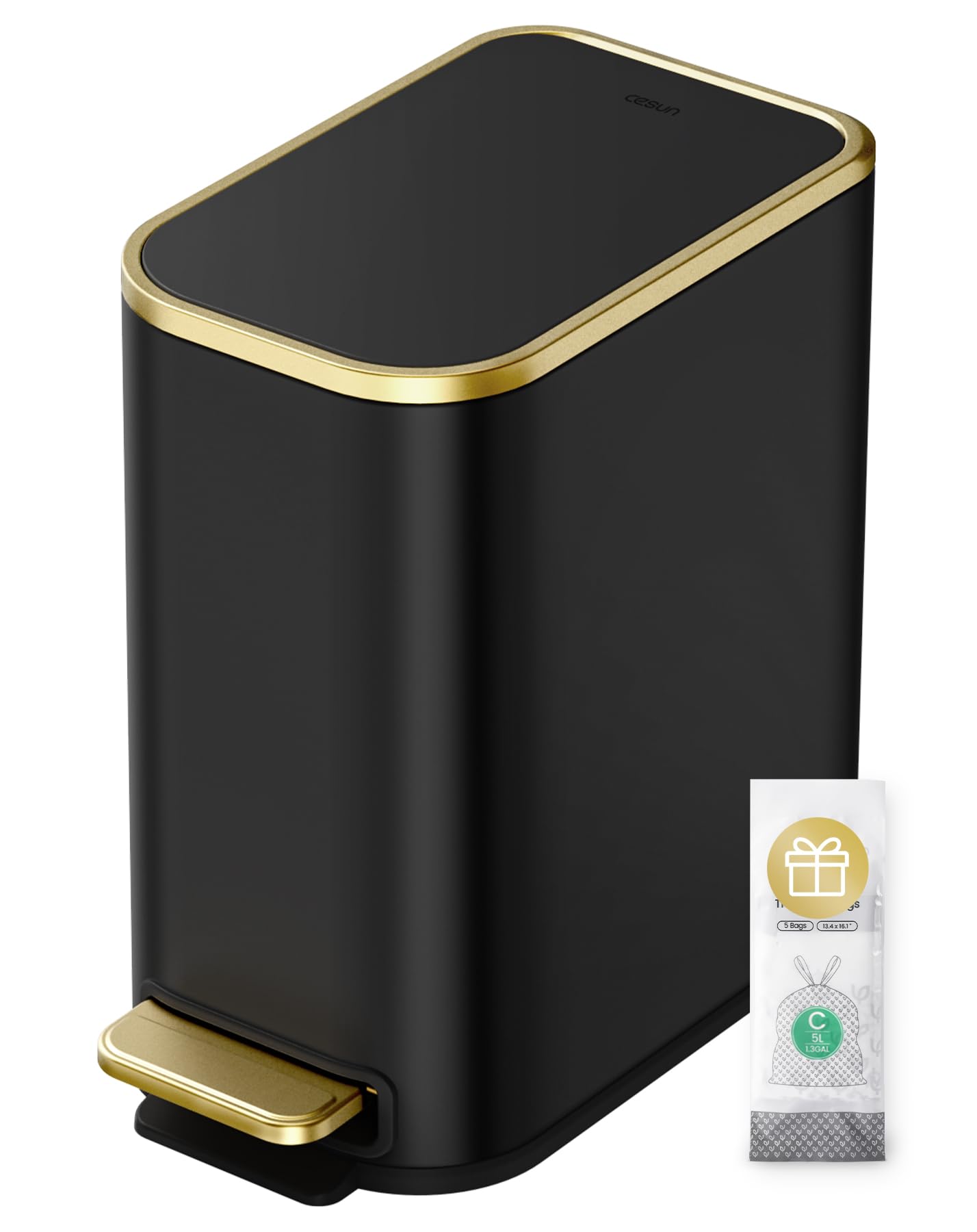 Photo 1 of **HAS MINOR DAMAGE*** Cesun Small Bathroom Trash Can with Lid Soft Close, 5 Liter/1.3 Gallon Stainless Steel Garbage Can with Removable Inner Bucket, Step Pedal, Slim Waste Basket for Toilet, Office, Bedroom (Black&Gold)