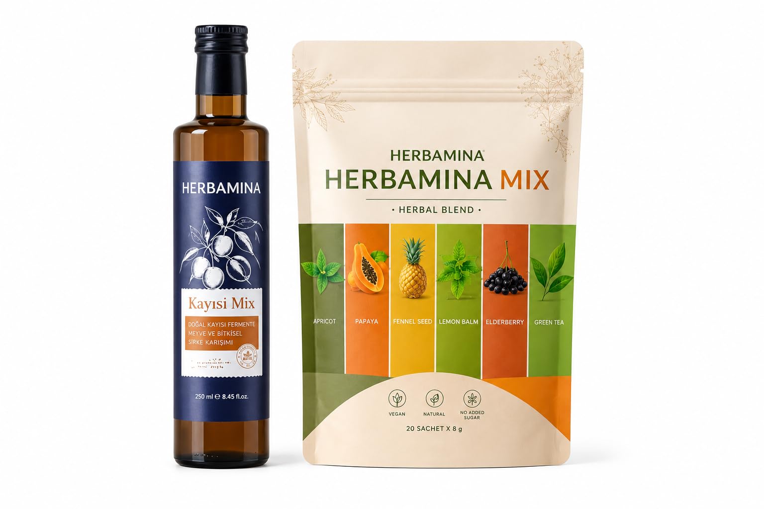 Herbamina Herbal Tea & Apricot Vinegar Set – 20 Sachets Herbal Mix Powder (160 g) + Kayisi Mix Vinegar 250 ml – Vegan Wellness Drink Bundle – Turkish Botanical Tea Combination