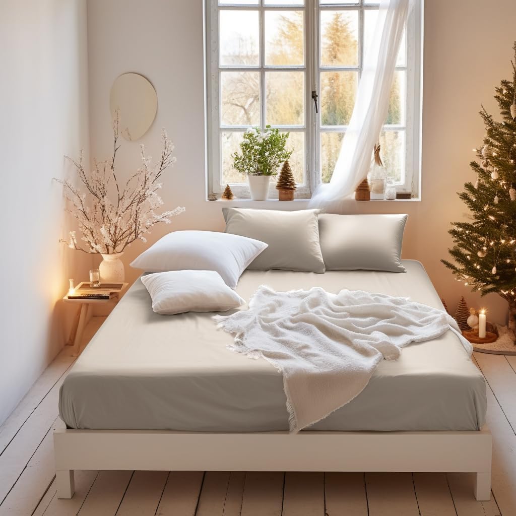 MOHAP Warm King Size Fitted Sheet Beige with Extra Deep 16 inch 40 cm Pocket Bed Sheet Only Bedsheet Brushed Microfiber Bottom Sheet for King Bed 150x200 Beige