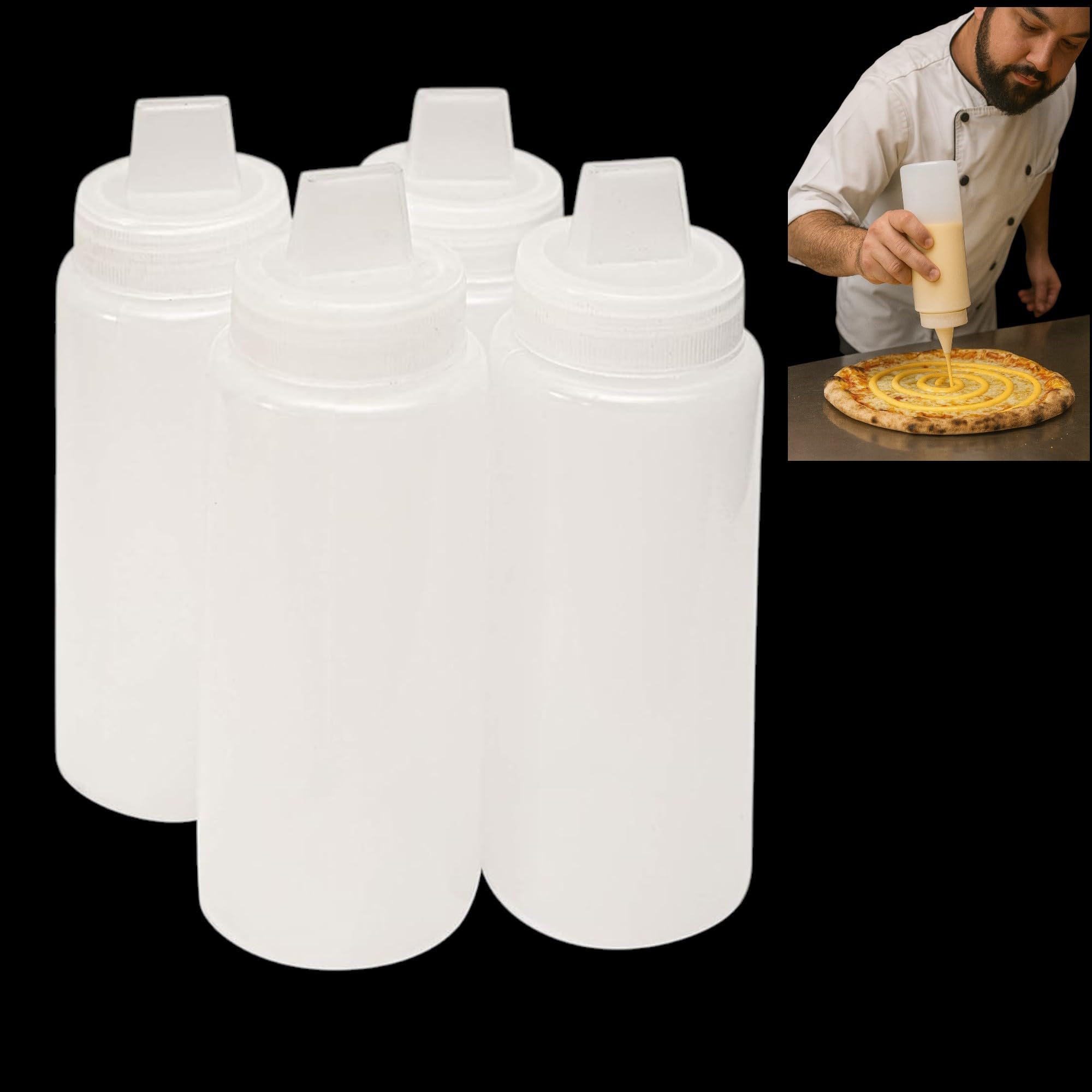 THW® 473 ML 16 oz Plastic Squeeze Bottles For CHEESE BLEND Ketchup Mustard Mayo Hot BBQ Sauce Dressing, Clear- Pack of 4 Pieces