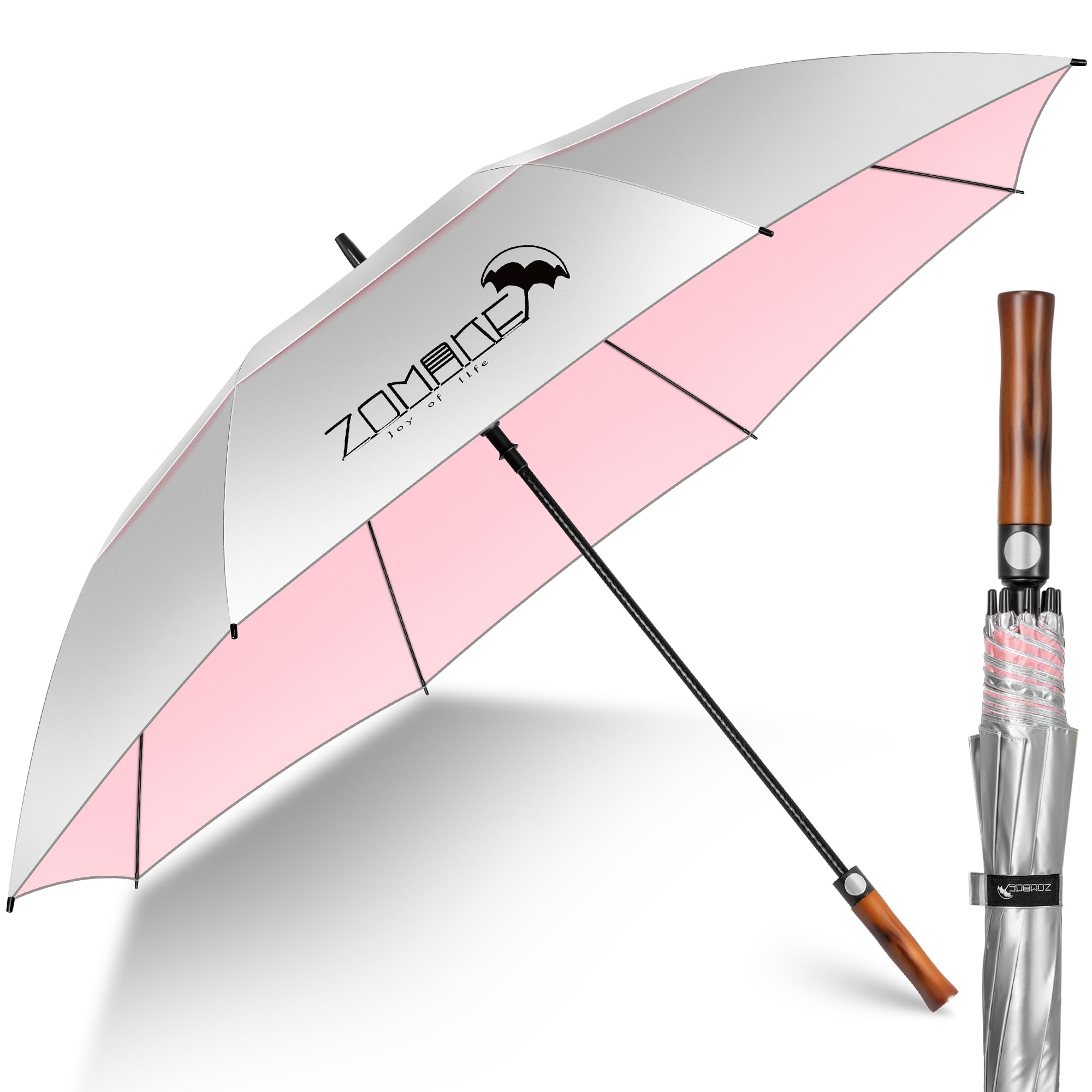 ZOMAKE UV Golf Umbrella for Sun Protection,Large Sun Umbrella Windproof and Rainproof Strong UPF 50+,Reflective Golfing Brolly with Wooden Handle 68In Unbreakable for Men Women (Silver/Pink)