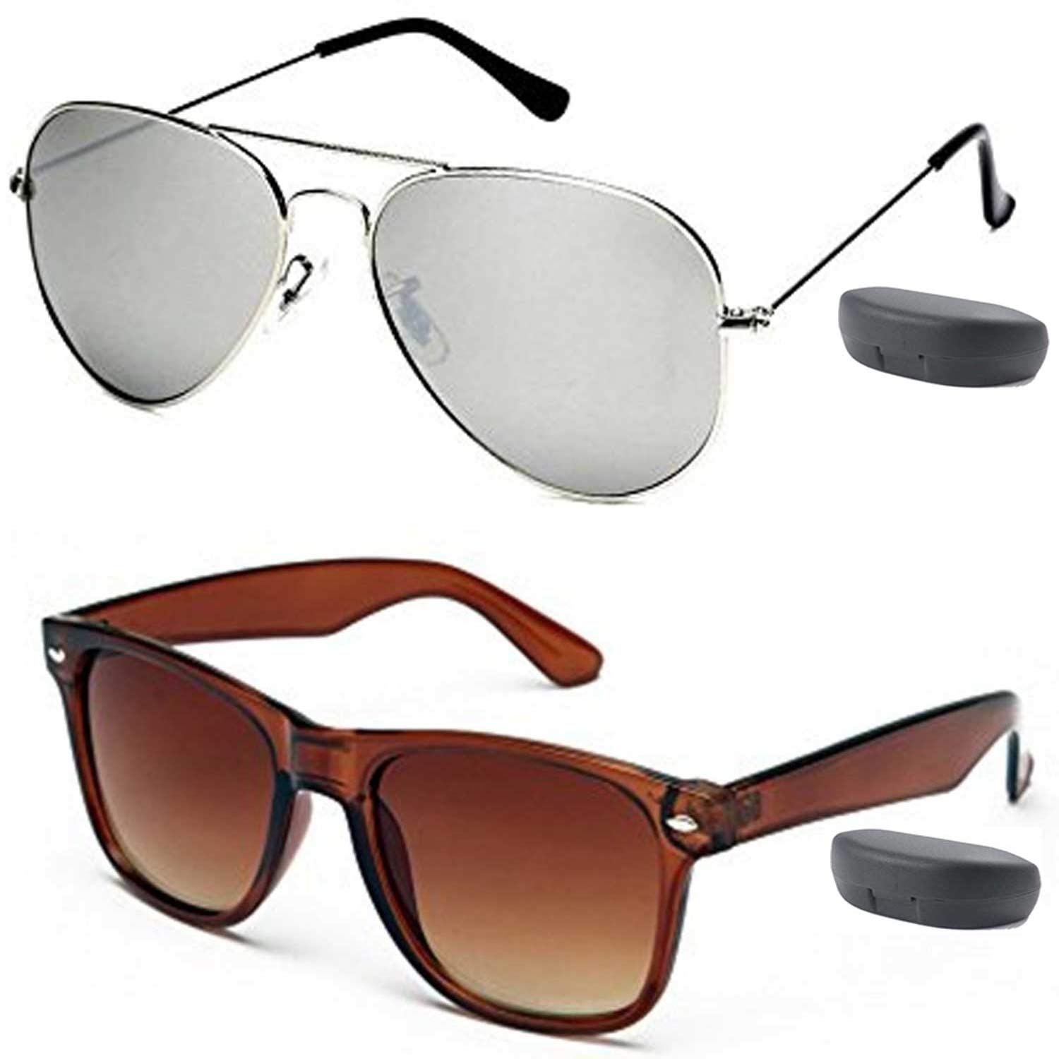 Y&S Unisex UV Protected Sunglasses For Mens Womens In Silver And Brown Combo Of 2 Man Woman Sun glasses Goggles Set (O59V-WBAN-IBCK)