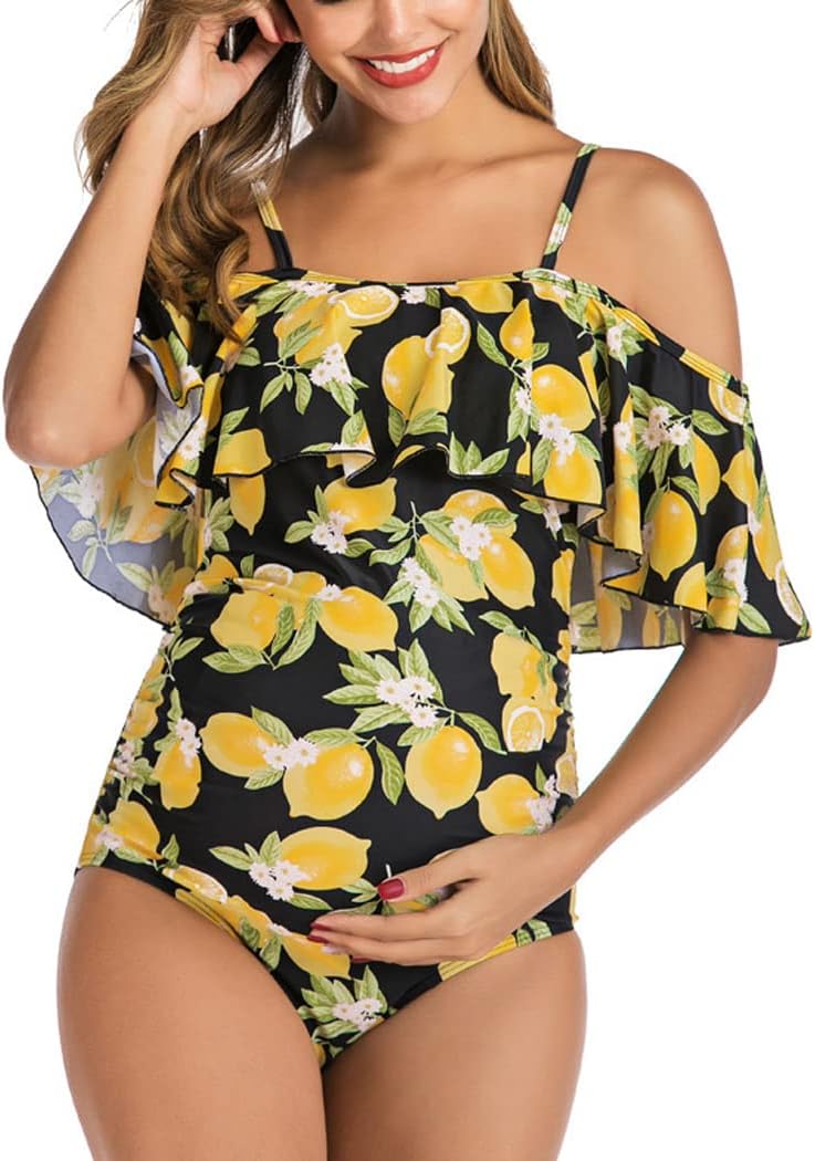 LANGWEI Maternity One-Piece Swimsuits Ruffled High Waisted Ribbed Pregnancy Swimwear Bikini Beachwear