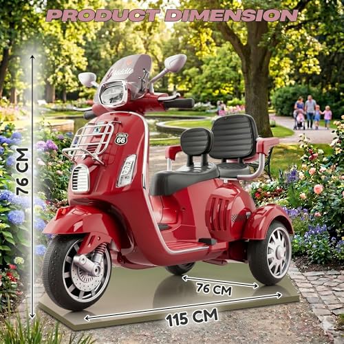 Image of SHAKYA WORLD Vespa Double Seat 12v Battery Operated Rechargeable Ride On Scooter for Girls and Boys || 2 to 6 Years (Red)