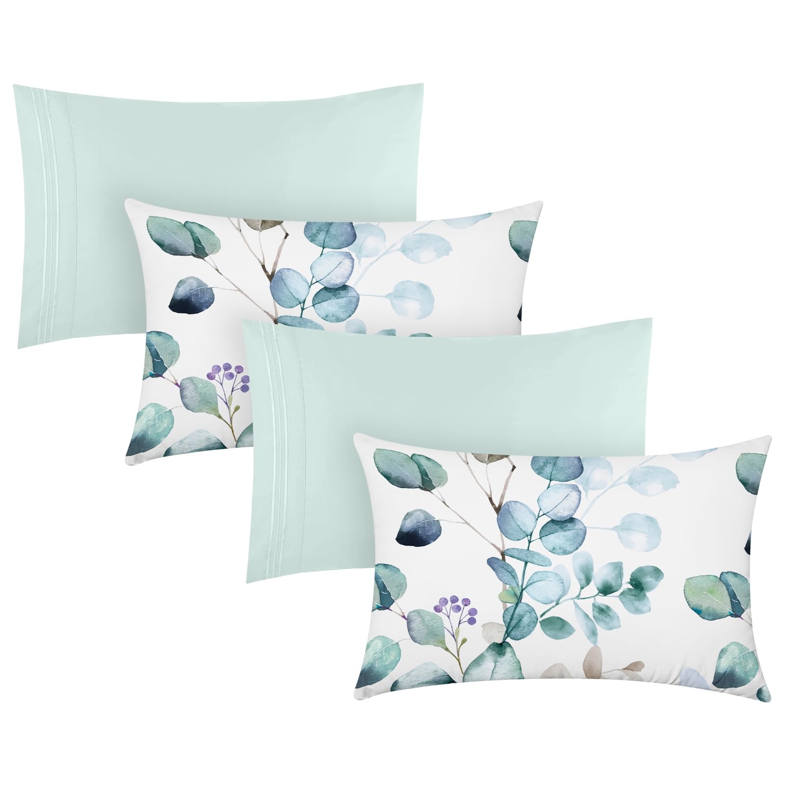 YIYEA Pillow Cases Queen Size Set of 4, Ultra Soft 1800TC Hotel Quality Double Brushed Microfiber Embroidered Pillowcases and Floral Pillow Covers, Envelope Closure, Fade Resistant (20"x30")