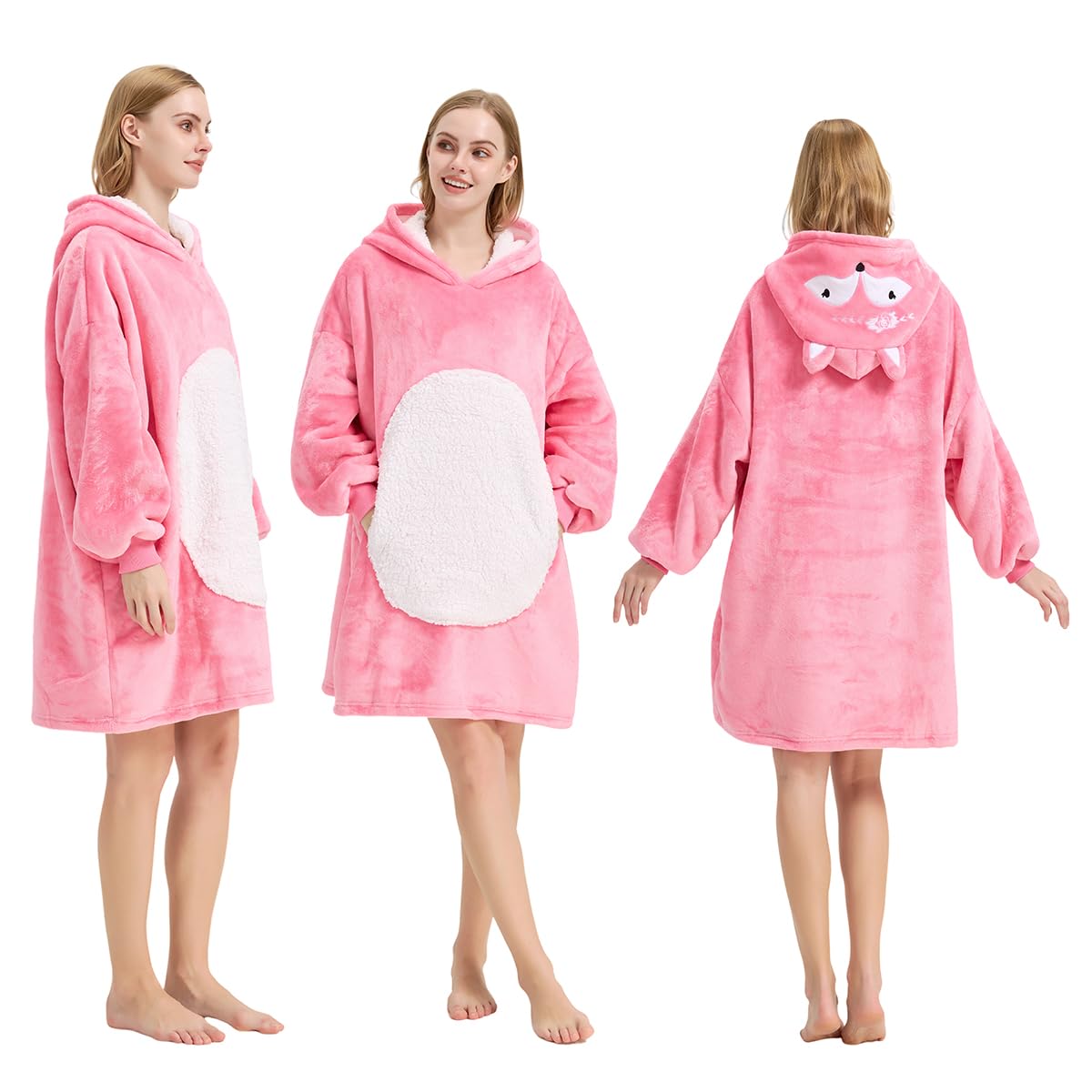 Zwierzęcy przenośny koc z kapturem, duży oversized Sherpa wygodny Snuggie dla dorosłych kobiet, Czerwony lis, jeden rozmiar