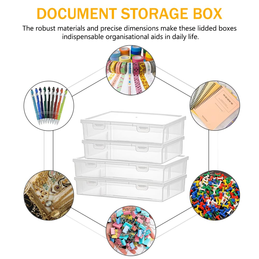 4 Pezzi Scatole Documenti Plastica Impilabili Scatola Dcumenti Portaoggetti Portatile Scatola File Trasparente con Scatto Scatole Documenti Plastica Portaoggetti per Lettere,Puzzle,Certificati