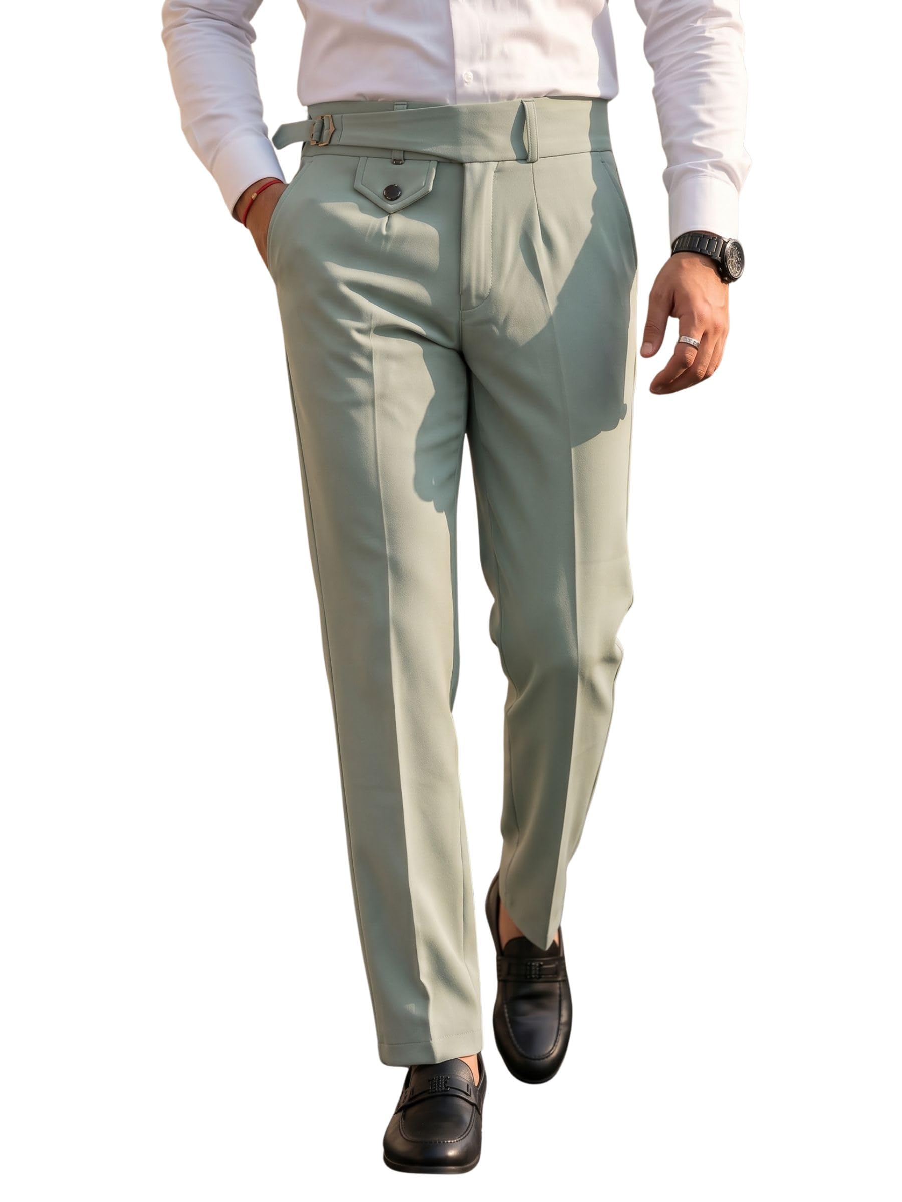erke Men's Pleated Gurkha Pants with Side Buckle | Vintage Classic High Rise Trousers for Men | Straight Fit Formal Pants for Men-picture-33