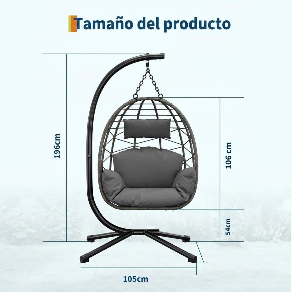 Garvee Silla Colgante de Huevo Plegable Vertical con Soporte de Acero Robusto, Cojines Impermeables y Funda Protectora para Jardín Terraza Balcón y Salón, Capacidad 150kg, Ratán Gris y Cojín Gris