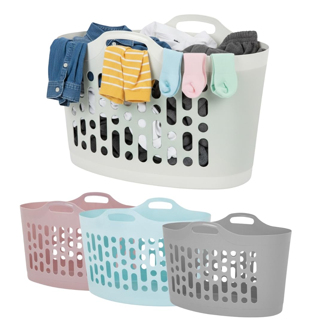 AOC24 - Plastic Flexible Laundry Basket 50L - Washing Clothes Storage Hamper Oval Container - Lightweight Strong Flexi Bucket, Easy To Carry Durable Flexi Handle - Assorted Color