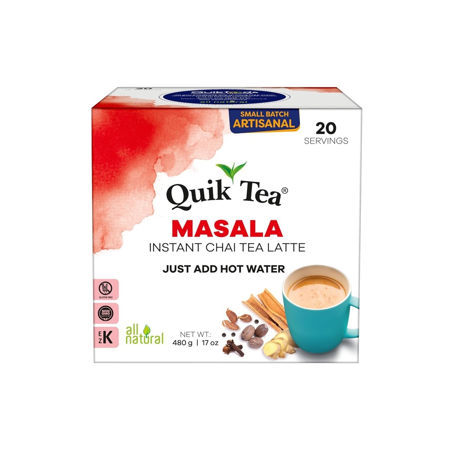QuikTea Masala Chai Tea Latte – 20 Count, Bold Masala Flavor, Naturally Caffeine-Light, No Preservatives – Just Add Hot Water