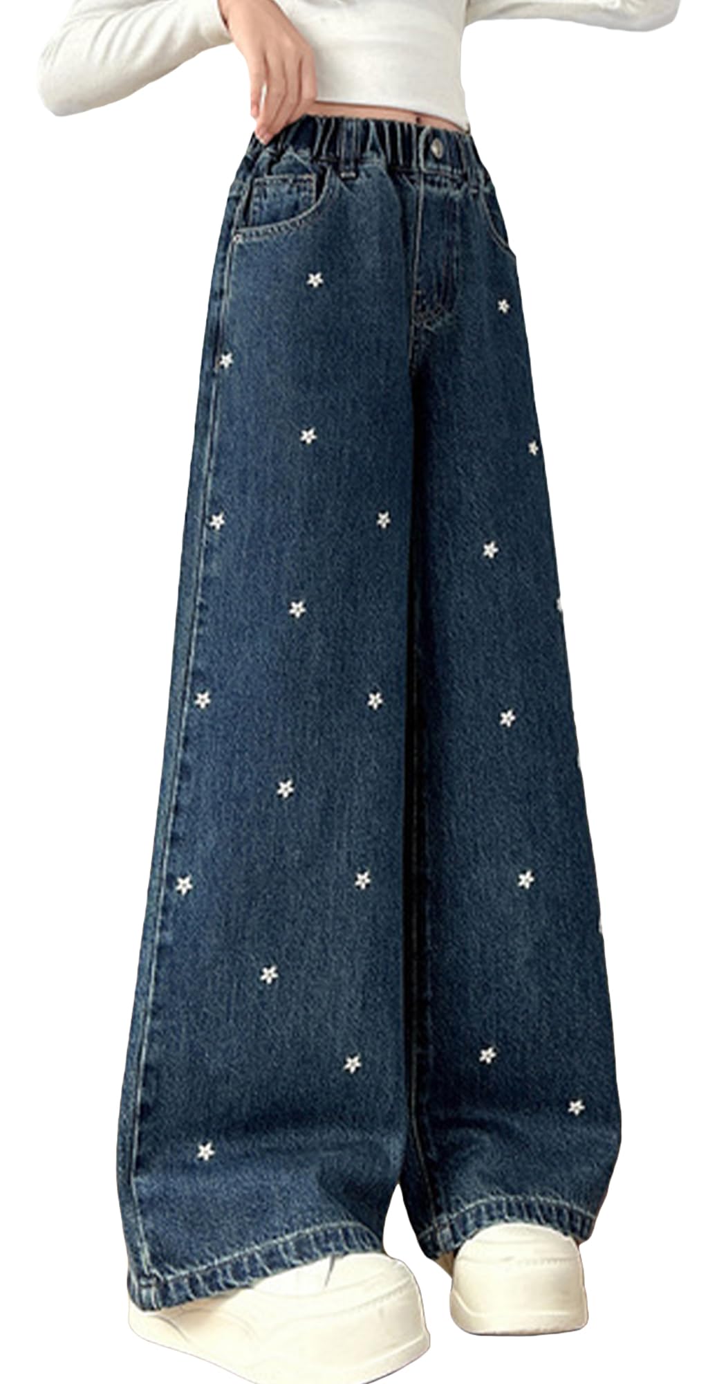 Happy Cherry Jeans Ado Fille Pantalon Droit Cargo Baggy Large Enfant Y2K Kpop Jean Taille Élastique 120-170=(EU 110-164)