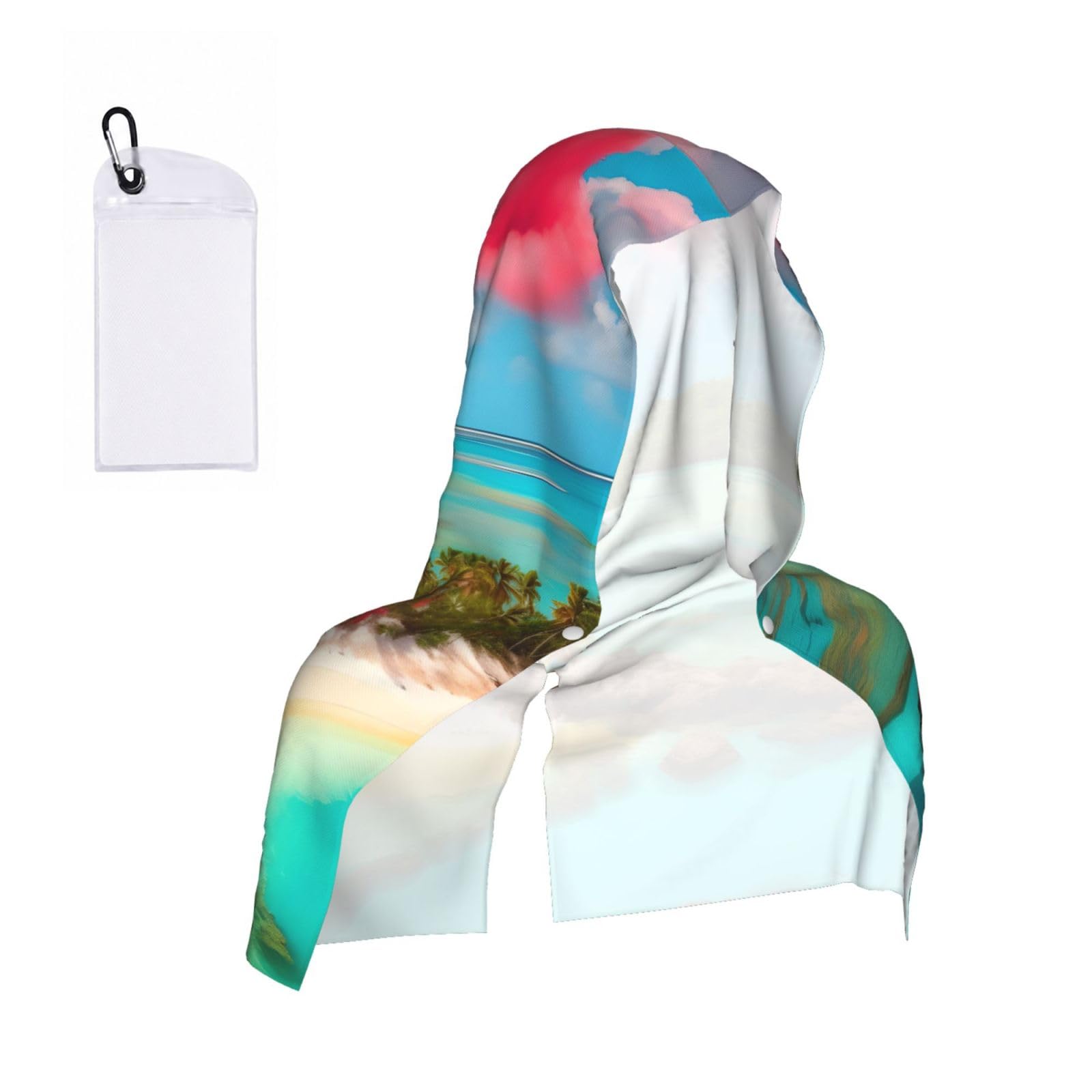 CNTDBU Caribbean Scenery Cooling Towel Hooded-Instant Chill Neck Cover for Sports, UV Cooling Rag for Running Gym