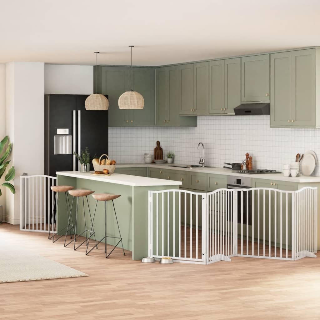 Homgoday Barrera para Perros,Barrera de Seguridad para Perros Mascotas,para Escaleras y Puertas Puerta de Perros Plegable 8 Paneles Madera álamo Blanca 640 cm