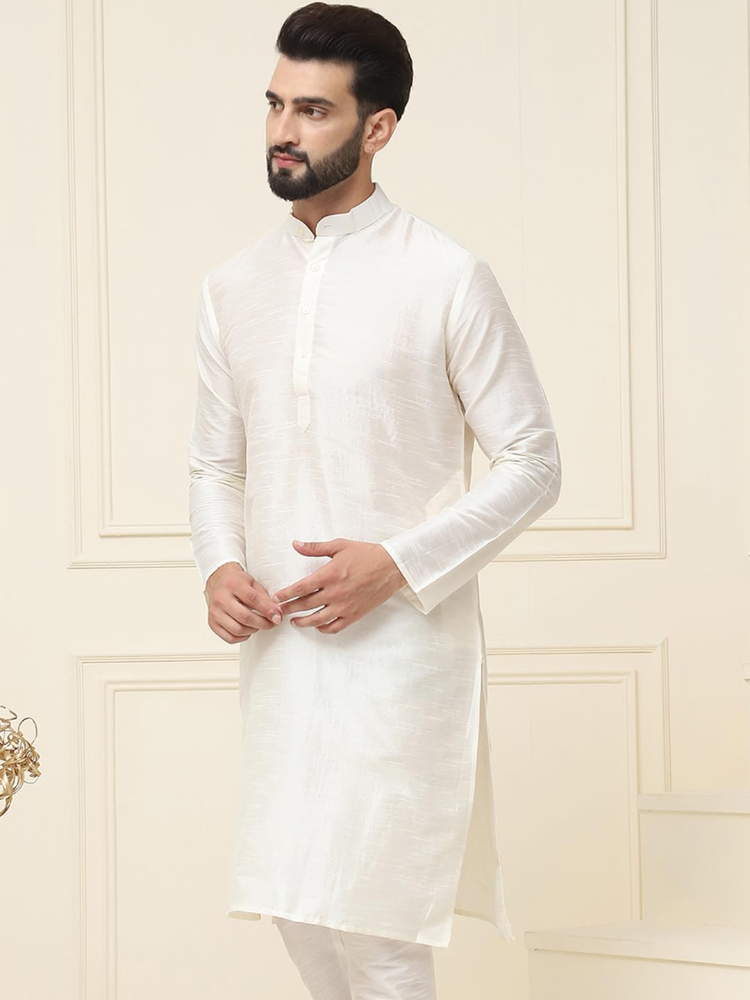 Sojanya (Since 1958 Men's Dupion Silk Cream Only Long Kurta
