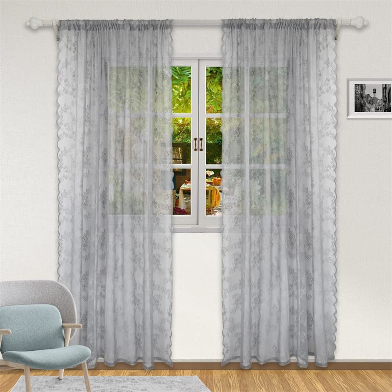 GYROHOME Floral Lace Sheer Curtains, Rod Pocket Window Voile Sheer Drapes for Bedroom, Vintage Style Single Panel Textured Sheer Curtains, Grey, 145x213 cm