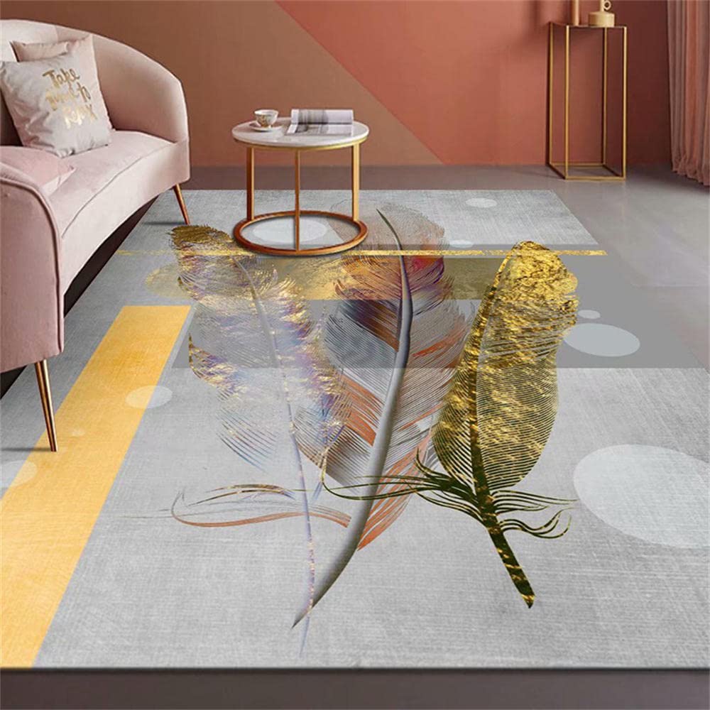 Tapis de salle a manger violet et doré au motif de plumes minimaliste
