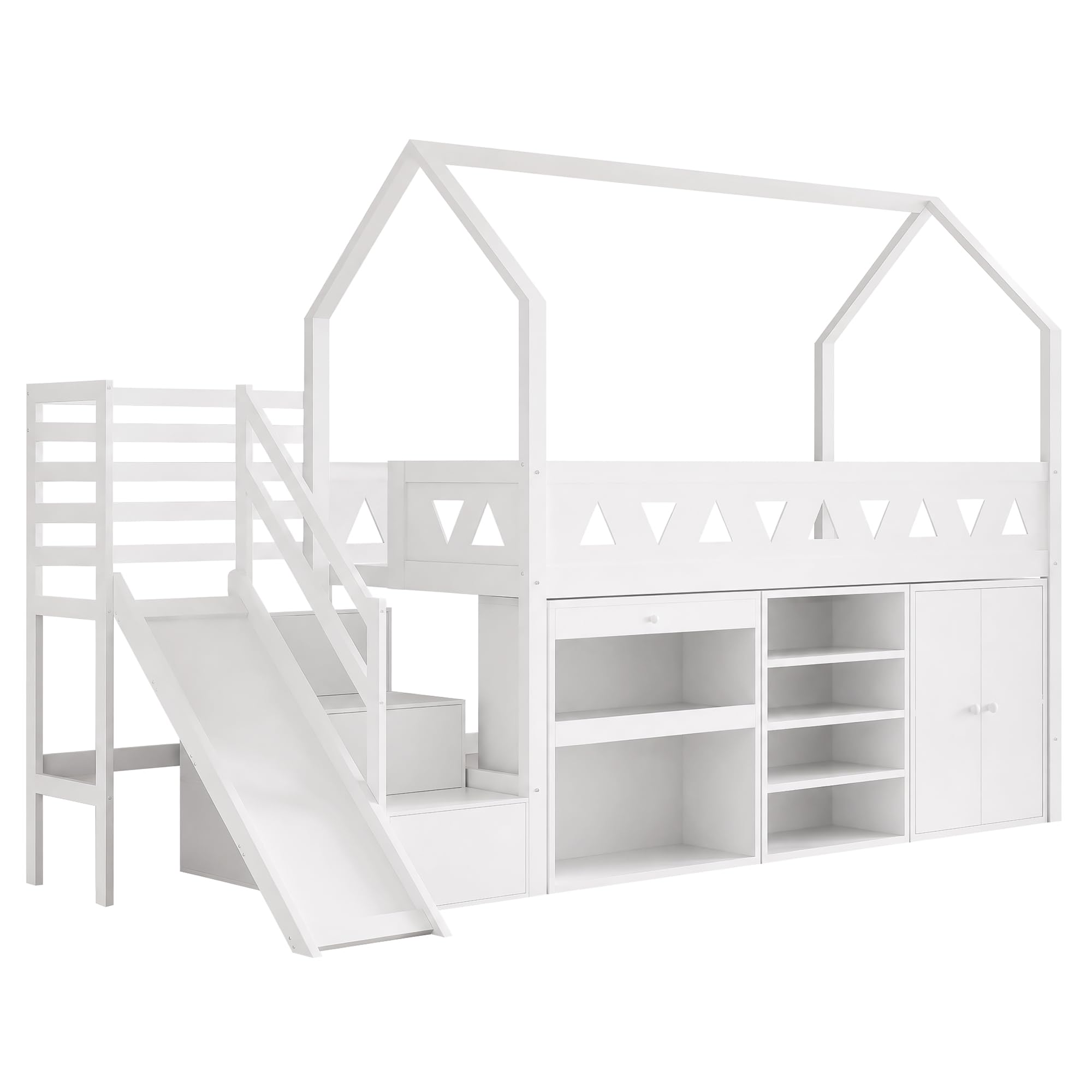 Merax Kinderbett Hochbett 90x200 cm, mit Treppe Staufach Stauraum,Rutsche,Schreibtisch,Schließfach,Platzsparendes Kinder Einzelbett mit Lattenrost und Rausfallschutz,Ohne Matratze,weiß,90 * 200cm