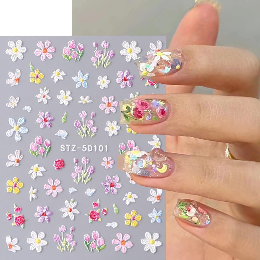 SHUBEIEUMI 3D Nagelsticker, 5 Blätter Selbstklebende Frühlingsblumen Für DIY Nageldesign – Bunte Nagel-Deko