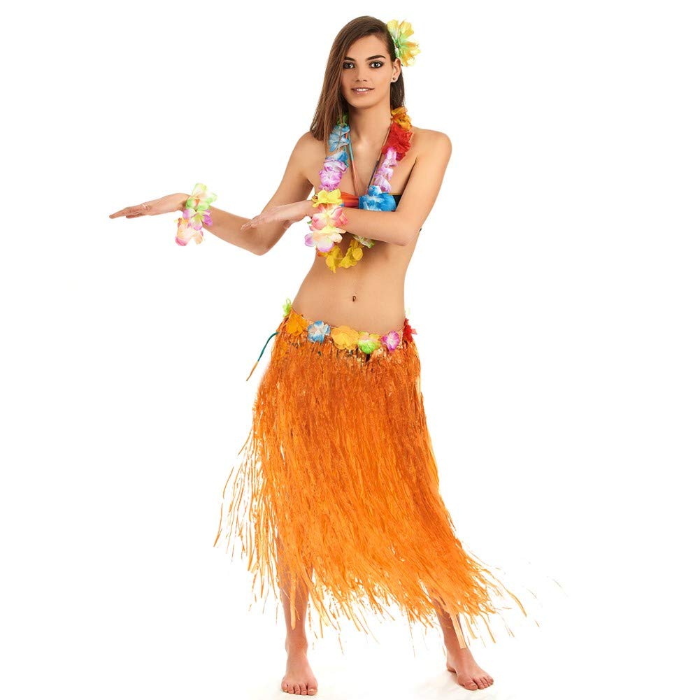 Komonee Women's Orange Hawaiian Hula Skirt Hawaii Flower Fancy Dress Party Costume Outfit Accessories Elasticated 24" - 56" Waist (Ng1)