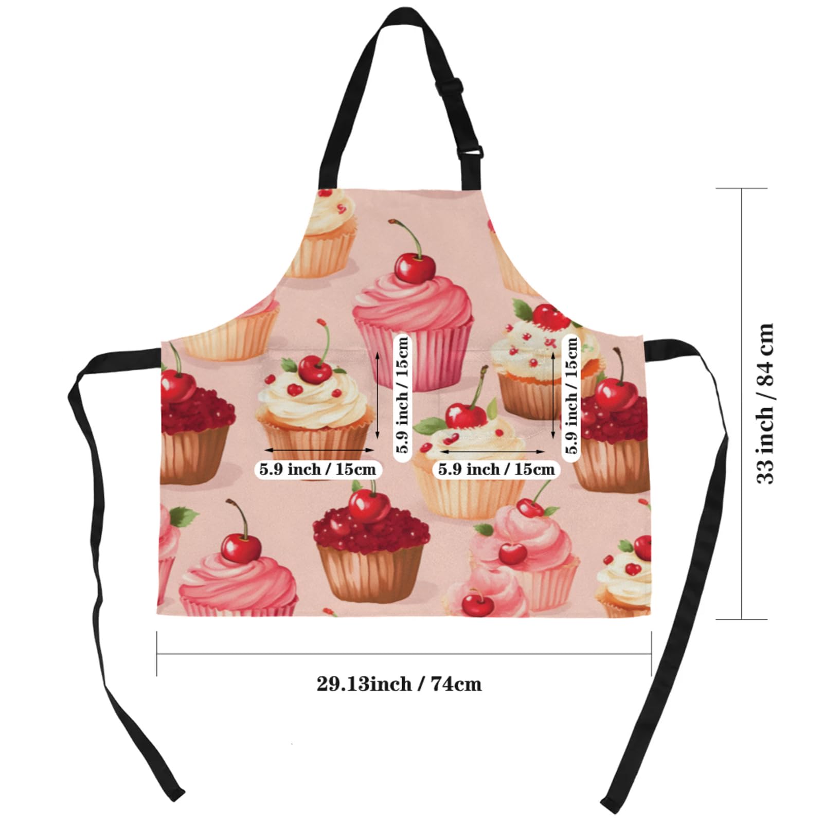 Aglebo Cherry Cupcake Chef Apron with Pockets Adjustable Shoulder Strap Waterproof Cooking Apron for Kitchen Baking Gardening Pottery Painting