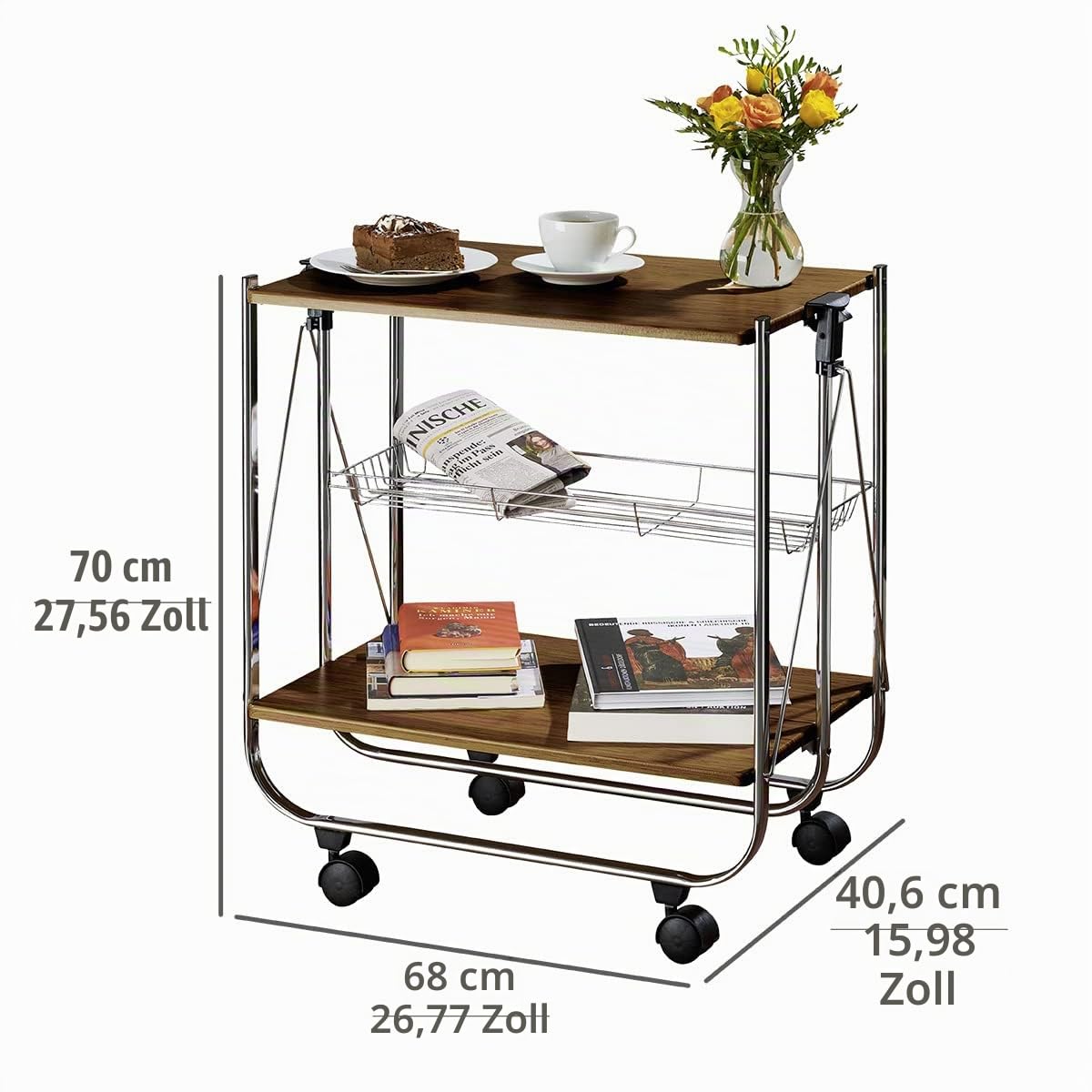 WENKO Servierwagen Mod. Dinett Deluxe Beistelltisch Nussbaum klappbar Robustes Metallgestell mit Ablageflächen und Gitterkorb Maße 68 x 70 x 40,6 cm Braun