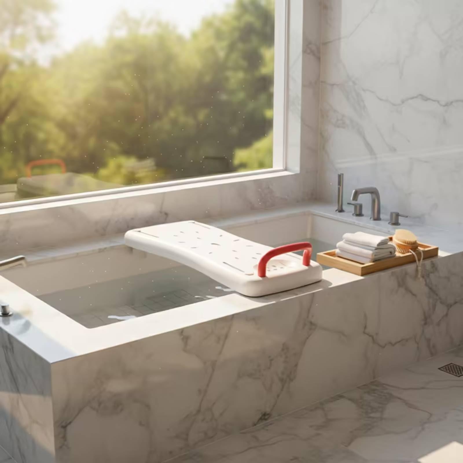 Asiento Bañera con Drenaje Antislizante Tab con Asa Ajustable Tabla Asiento Baño para Usuarios Mayores, Ancianos, Ducha, Blanco con Asa Roja, 70 31 9 Cm