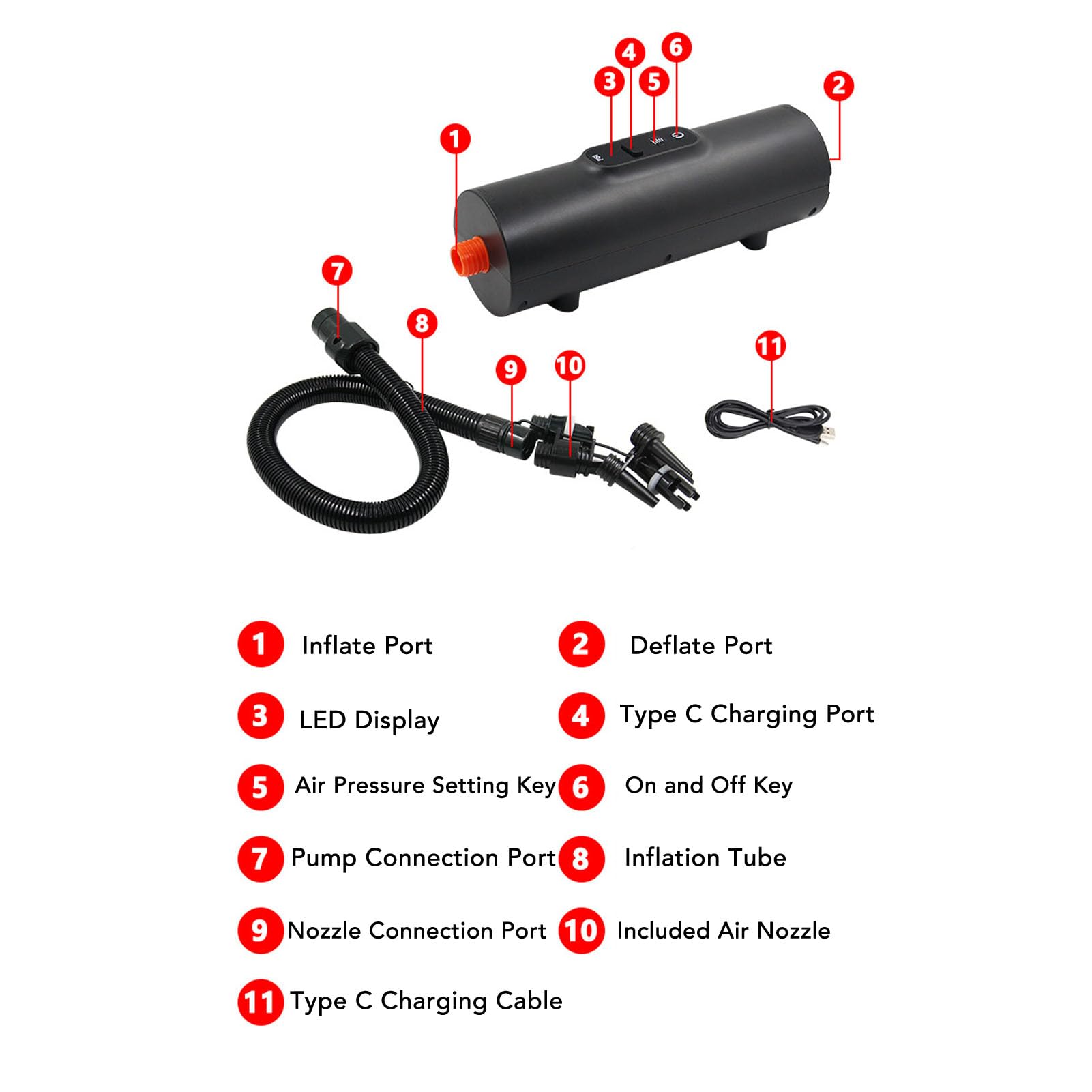 Pompe D'infracteur Portable Pompe à Air électrique Haute Pression à Haute Pression pour la Tente Gonflable Kayak Boat Float Lit avec Une Batterie LI Efficace Variété de Buses ABS