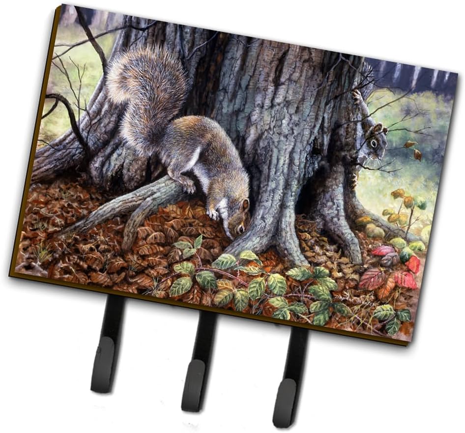 Caroline's Treasures BDBA0260TH68 Grey Squirrels around the Tree Leash or Key Holder, Wall Hooks, Key Hooks Holder, Coat Rack Wall Mount, Coat Hooks, Hooks for Hanging Keys, Towels, Aprons, Leashes,