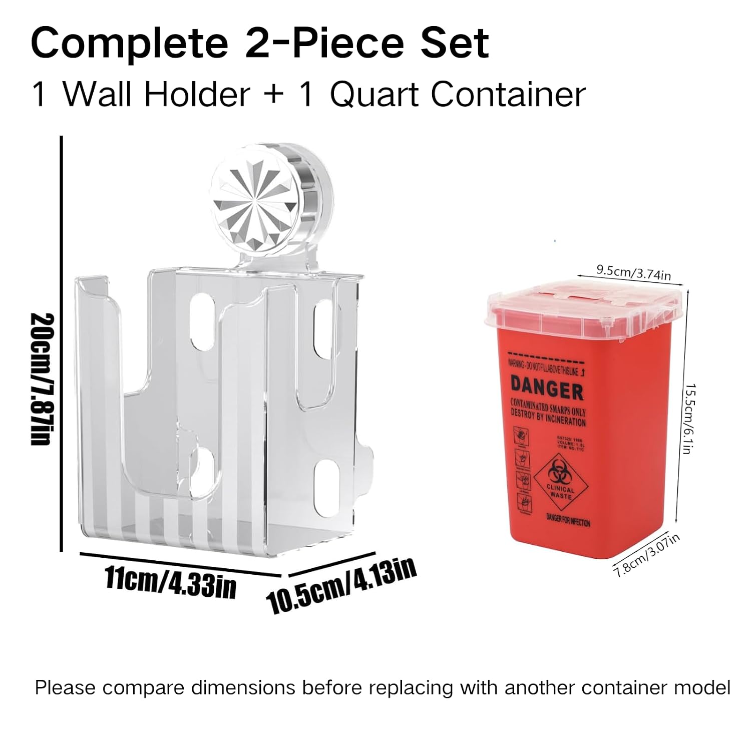 1 Quart Sharps Container Wall Mount Holder with Included Container, Single Secure-Fit Wall Bracket, Easy Install & Quick Removal for Clinic, Tattoo, Med Spa & Home