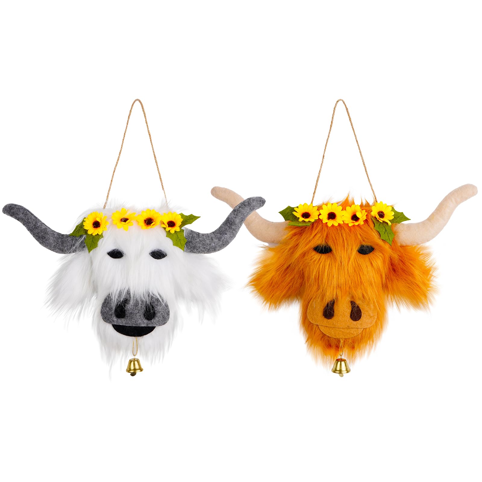 nuvagiki 2 Pack Summer Highland Cow Wall Hanger Decor- 13.4'' Rustic Farmhouse Highland Cow Plush Decor - Soft Brown & White Farm Animal Wall Art