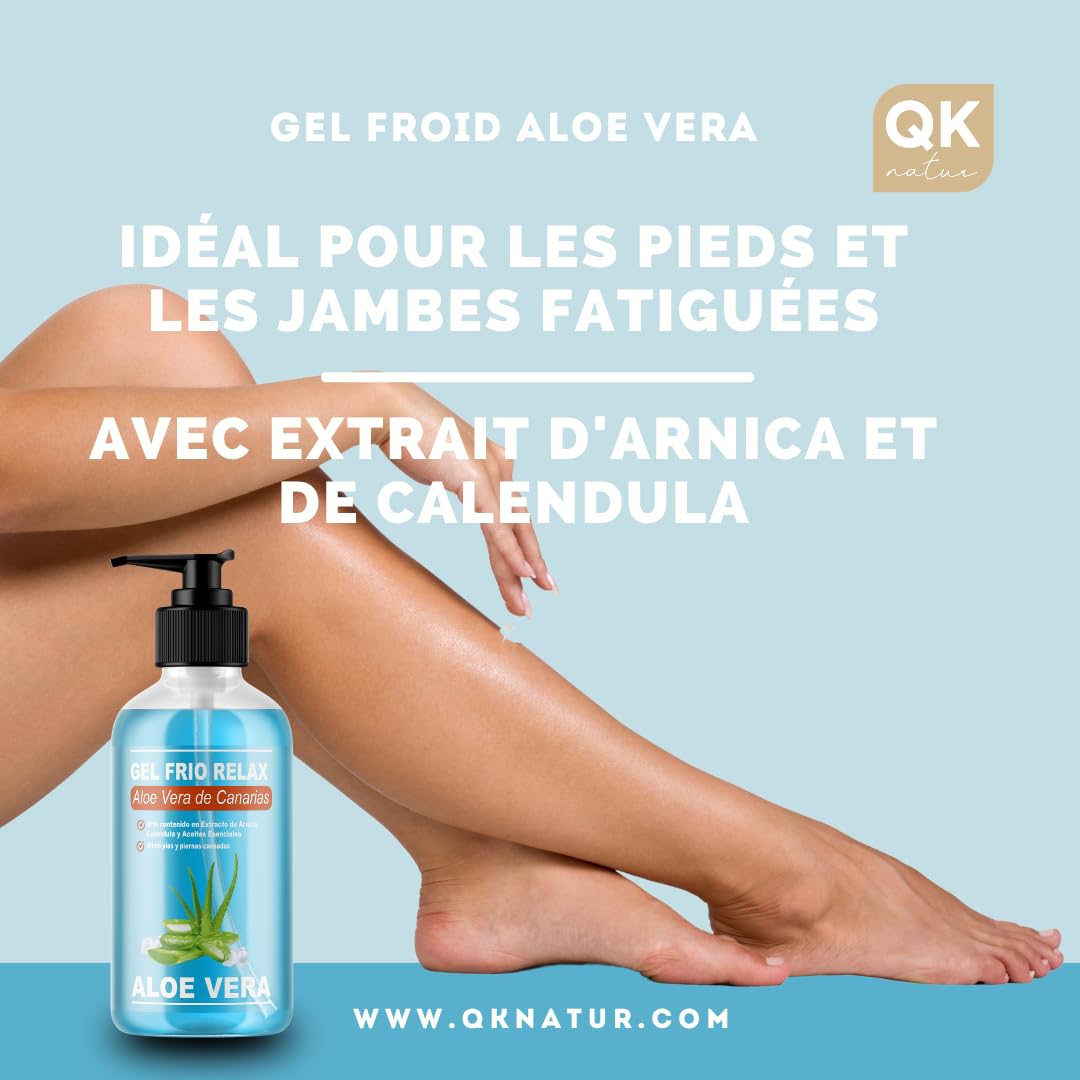 QKnatur - GEL FROID BIO ALOE VERA DE CANARIAS - Aux extraits d'Arnica et de Calendula. Effet rafraîchissant, soulage les jambes fatiguées, stimule la circulation. Hydratation (500 ml)