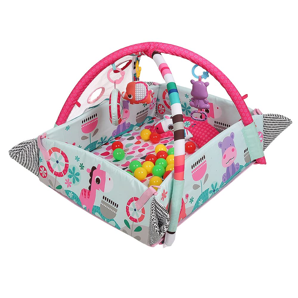Alfombra de Juego, Gimansio de Actividades para Bebés, Alfombra Bebe con Arco de Juego y Juguetes Sensoriales, Piscina de Bolas (Rosa A)