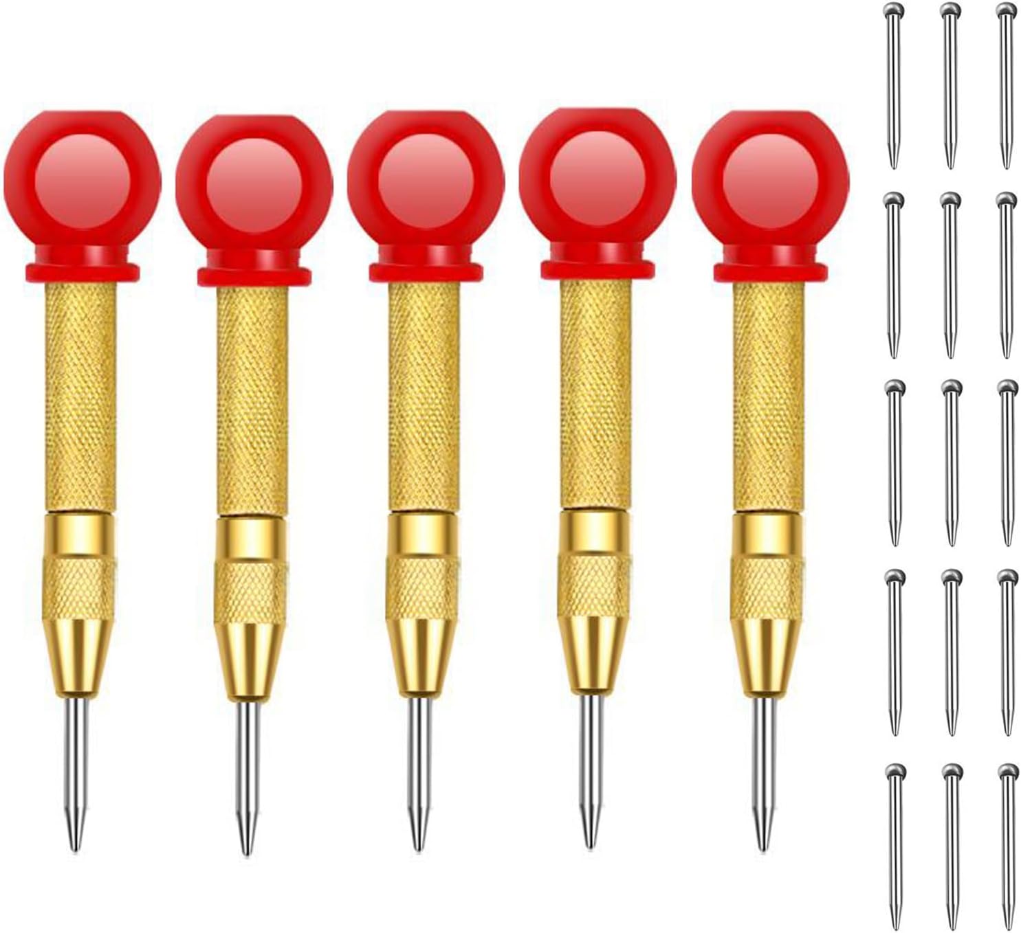 5Pcs 5" Spring Loaded Automatic Impact Center Punch Set, with 15 Replacement Tips, for Wood Metal Steel Marking Drill Start Points Hand Tool