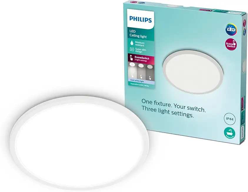 Philips LED Badezimmer Deckenleuchte Superslim (15 W), 3 Lichteinstellungen, kaltweiß Licht, dimmen ohne Dimmer, IP44 Schutz, weiß, 25cm