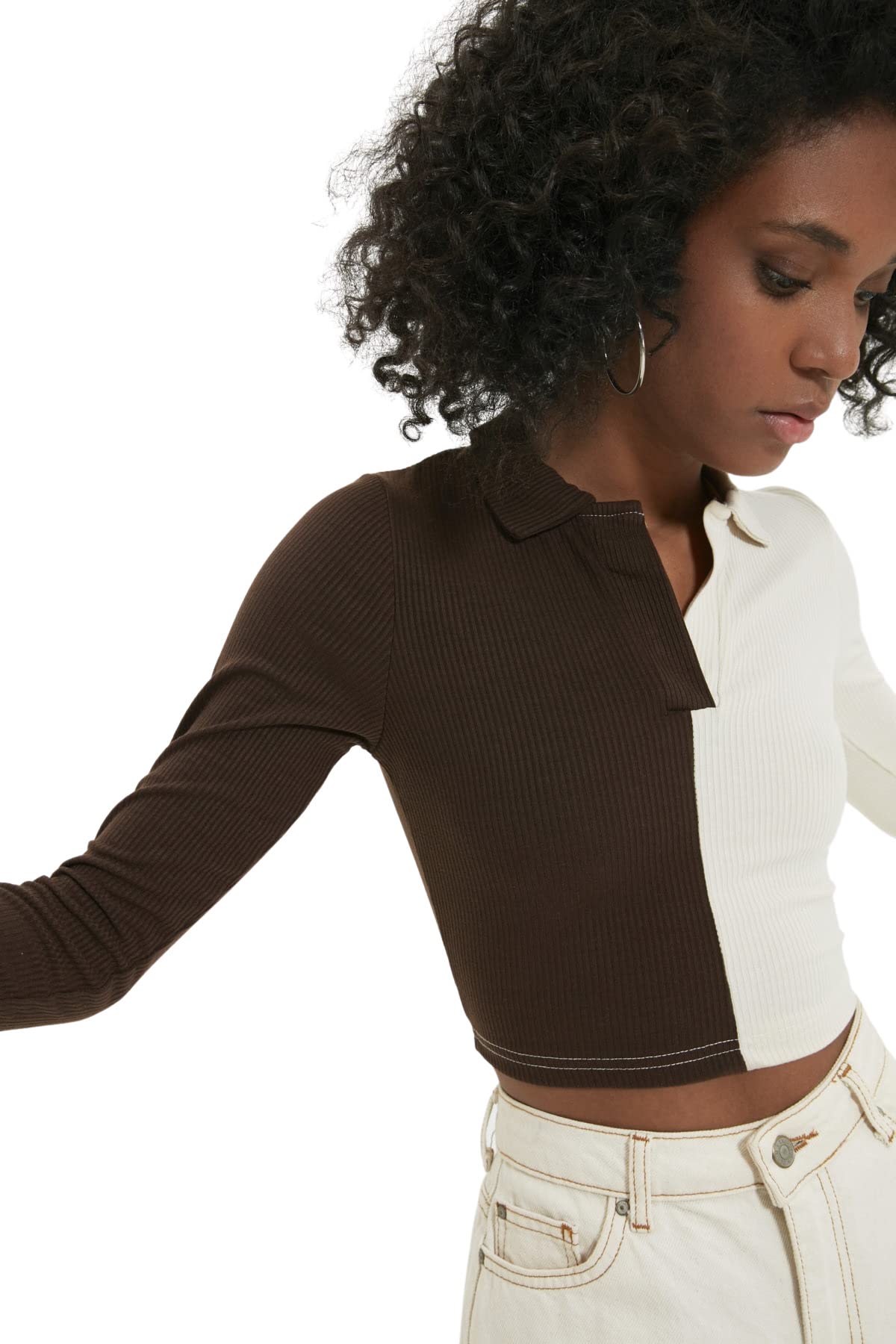 Trendyol Women Young Fitted Basic Shirt Collar Knit Blouse Brown