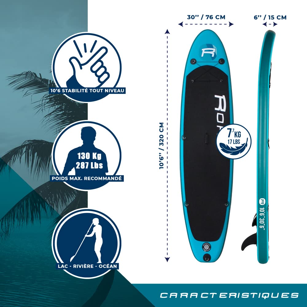 Paddle Gonflable ROHE Pacific 10'6'' (320x76x15 Cm) – Pack Complet Avec Pompe, Pagaie, Leash Et Sac De Transport