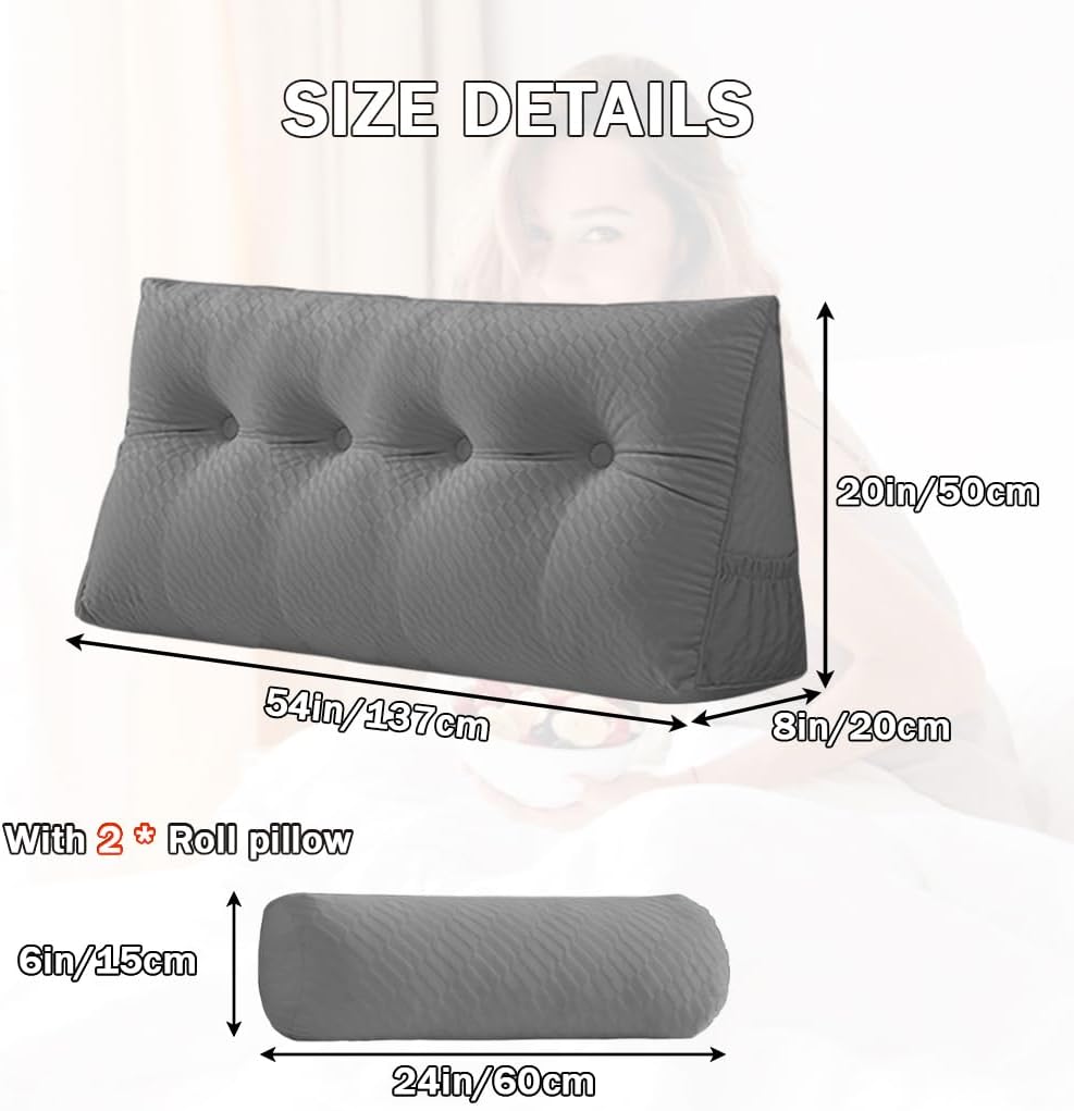Velvet Triangular Wedge Pillow With Roll Pillows,Removable Cover Tiangular Headboard Pillow for Daybed,Backrest Positioning Support Pillow Cushion Resting Reading (Gray, Full(54 * 20 * 8in))