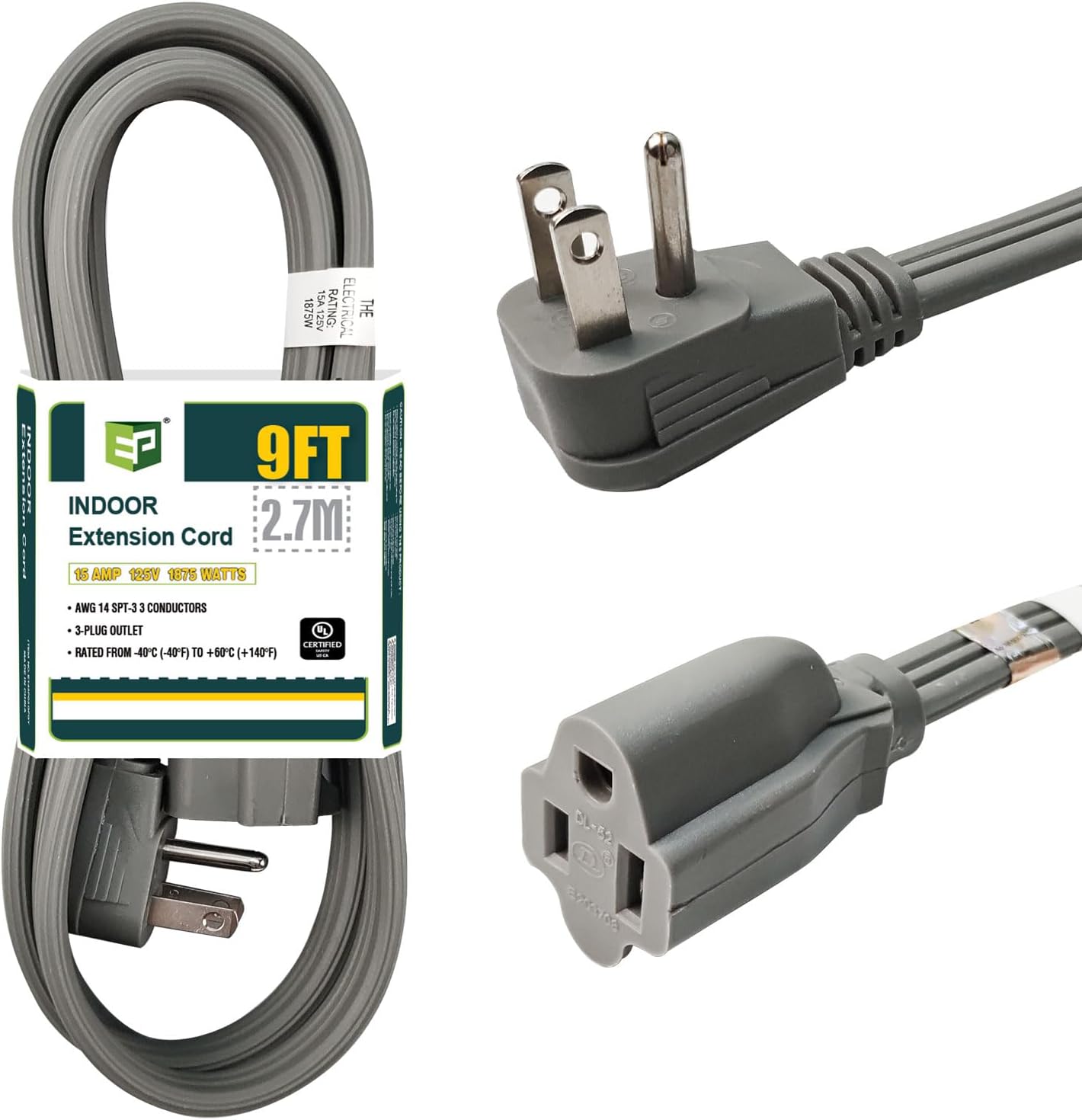 EP 9 Ft Heavy Duty Extension Cord Wire, 14 Gauge 3 Prong SPT3