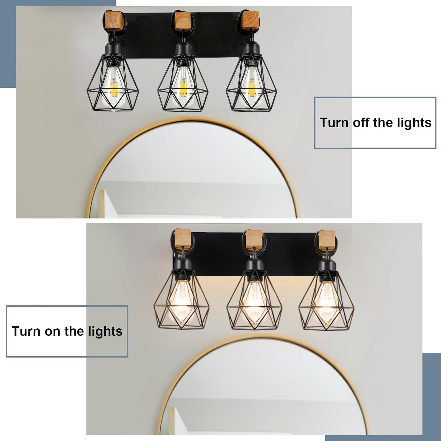COTULIN Farmhouse Vanity Light for Bathroom,3-Light Industrial Black Light Fixtures Over Mirror,Rustic Wood Wall Sconces Lighting with Cage Metal Lampshade for Living Room Bedroom Hallway Restroom