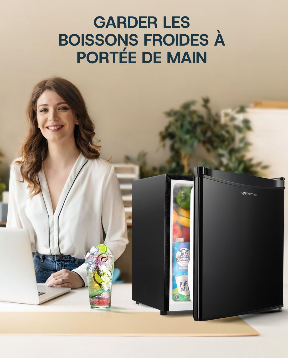 Upstreman Mini Réfrigérateur 46L avec Congélateur, Thermostat Réglable, Porte Réversible, Noir Brillant