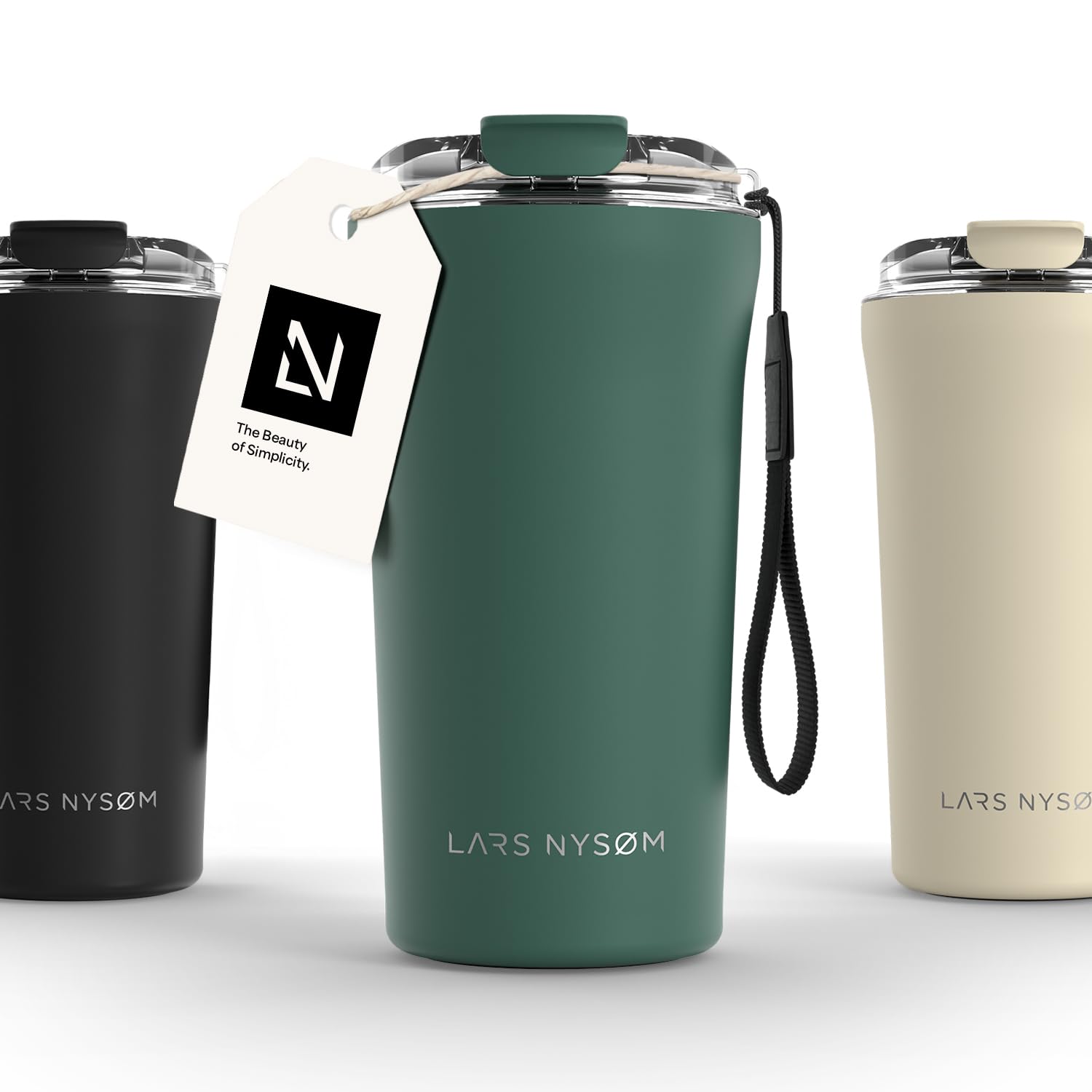 LARS NYSØM Thermo Coffee Mug-to-go with Strap 17oz | Travel Mug 0.5 Liter with Insulation | Leak Proof Stainless Steel Thermal Tumbler for Coffee and Tea to Go (Pine Green, 500ml)