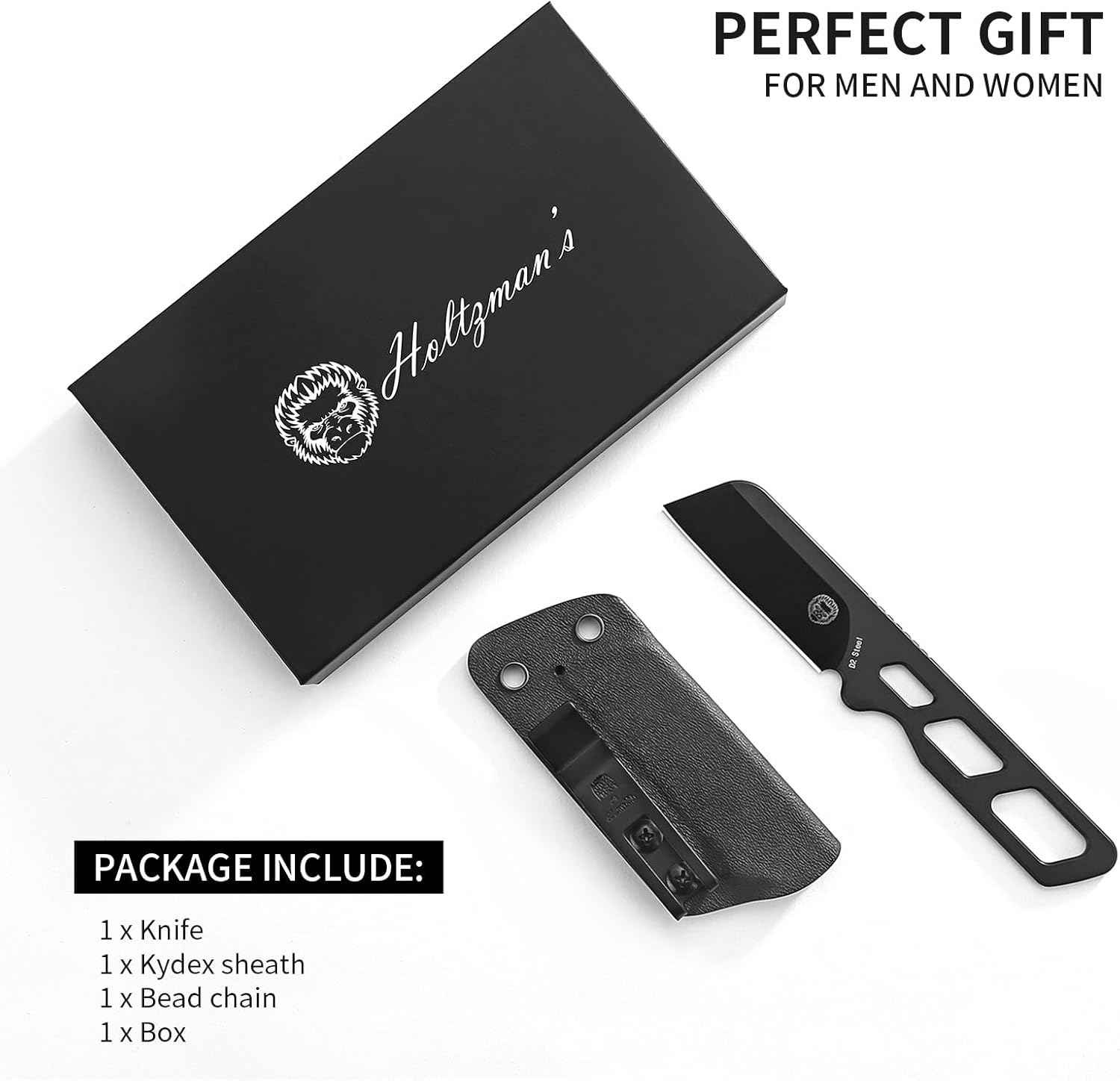Holtzman's Gorilla Survival Razorback Neck Knife with Full Tang D2 Steel Blade, Sheath, and Belt Clip - EDC Tactical Survival Knife for Outdoor Adventures