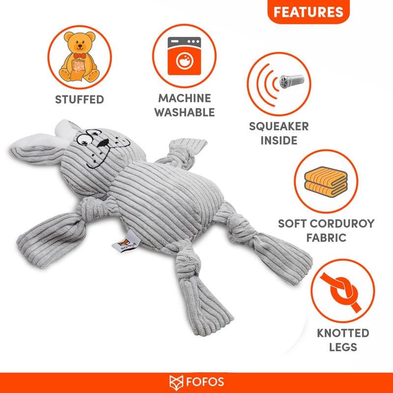 Image of BarkButler x Fofos Fluffy Rabbit Stuffed Soft Squeaky Plush Dog Toy,Grey|for X-Small- Small Dogs(0-10kgs)|Knotted Legs|Squeaker|Machine Washable|Corduroy Fabric|for All Breeds|Cuddle, Chew, Fetch